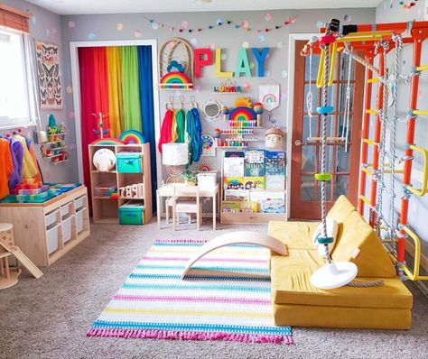 Bedroom And Toy Room Combo, Playroom And Gym Combo, Rainbow Play Room, Guest Room Playroom Combo, Playroom Guest Room Combo Ideas, Rainbow Playroom Ideas, Lego Center, Rainbow Playroom, Small Playroom