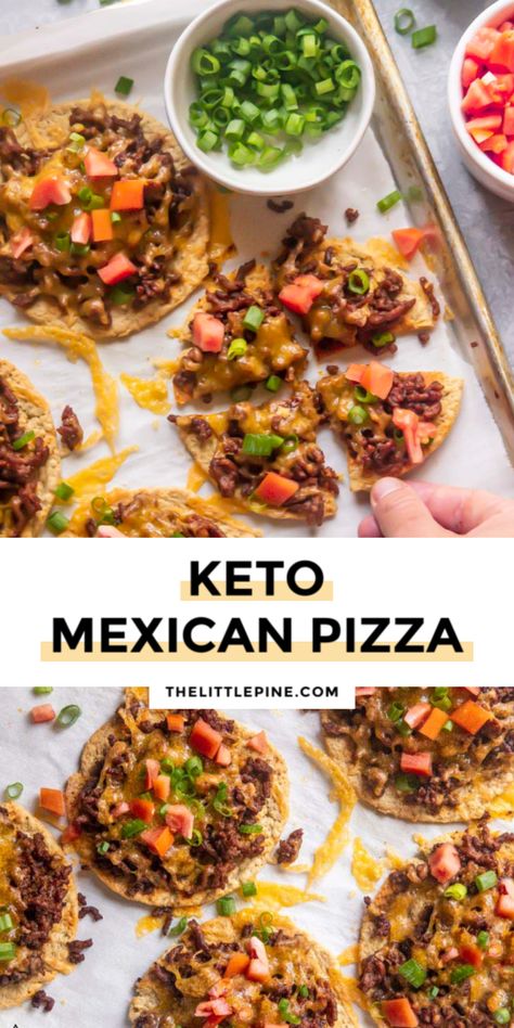 *NEW* Why have regular old tacos when you can use most of the same ingredients into a low carb Mexican pizza? Making your own low carb tortillas is way simpler than you think! #lowcarbmexicanpizza #ketomexicanpizza  via @https://www.pinterest.com/thelittlepine Pizza On Wraps Low Carb, Low Carb Taco Pizza, Low Carb Mexican Lasagna With Tortillas, Keto Recipes With Low Carb Tortillas, Keto Mexican Pizza Low Carb Tortillas, Keto Taco Pizza, Low Carb Mexican Pizza, Low Carb Tortilla Recipe Meals, Low Calorie Mexican Recipes