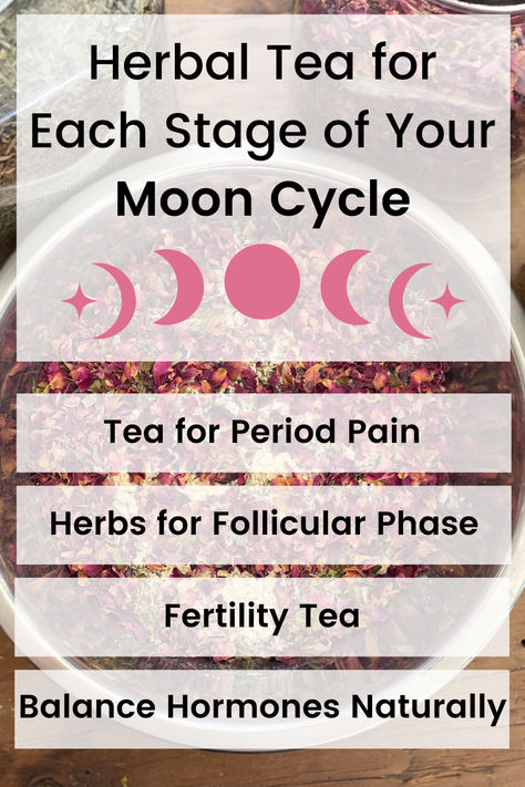 discover herbal tea blends for each stage of your moon cycle. Tea For Cycle Syncing, Period Tea Blend, Tea For Menstrual Cycle, Teas For Menstrual Cycle, Tea For Period Cramps, Tea For Cramps, Menstrual Tea, Herb Healing, Hormone Balancing Tea