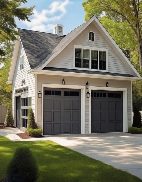 Colonial-Style Garage Detached Garage Guest House, Garage Separate From House, Home Exterior With Garage, 2 Car Garage Ideas, Detached Garage With Breezeway To House, House Plans Detached Garage, Garage Doors Farmhouse, Garage In Front Of House, Garage Exterior Ideas