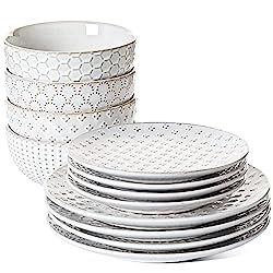 Amazon.com | LE TAUCI Dinnerware Sets 12 Piece, Ceramic Plates and Bowls Set, House Warming Wedding Gift, Serve for 4 (10" Dinner Plates + 8" Salad Dish + 22 oz Cereal Bowl) x 4, Dishwasher safe - Arctic White: Dinnerware Sets Soup Bowls With Handles, Salad Dishes, Ceramic Dinnerware Set, Plates And Bowls Set, Large Salad Bowl, Ceramic Dinnerware, Cereal Bowl, Dish Sets, Ceramic Dishes