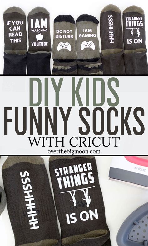 These DIY Funny Saying Socks for Kids will have your kids laughing! I've sharing 3 designs -- Stranger Things, Gaming and YouTube themed. Easy to make with your Cricut and EasyPress! From overthebigmoon.com! Sock Sayings, Socks Quotes, Christmas Cards Photography, Cricut Stencils, Diy Socks, Kids Laughing, Cricut Projects Beginner, Cricut Craft, Diy Funny