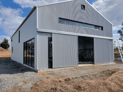 Solar Shed - Recent Work Portfolio Industrial Shed Design Exterior, Industrial Warehouse Home, Metal Sliding Door, Barn Gym, Solar Shed, Industrial Sheds, Farm Shed, Warehouse Home, Shed Home