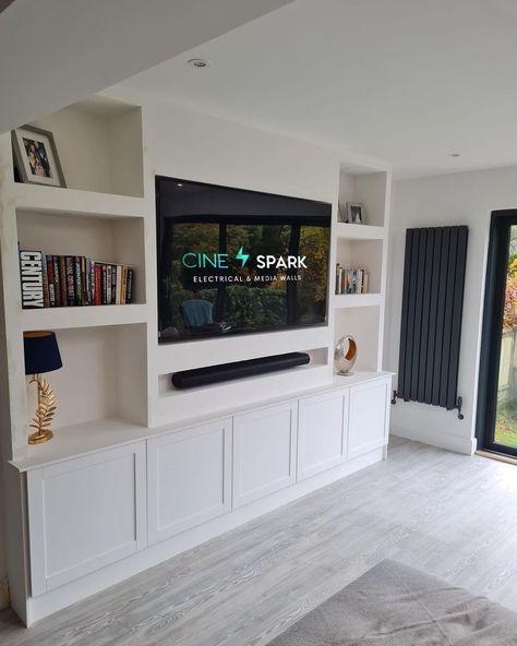 Cine Spark Electrical & Media Walls Limited | Goes to show you don’t always need a fire to create a perfect media wall. We incorporated shaker cupboards into this wall to provide much… | Instagram Tv Media Wall With Storage, Media Wall With Cupboard And Fire, Media Wall Storage, Media Wall Ideas Without Fireplace, Media Unit Ideas Tv Walls, Bedroom Media Wall, Shaker Cupboards, Built In Media Wall, Media Wall With Storage