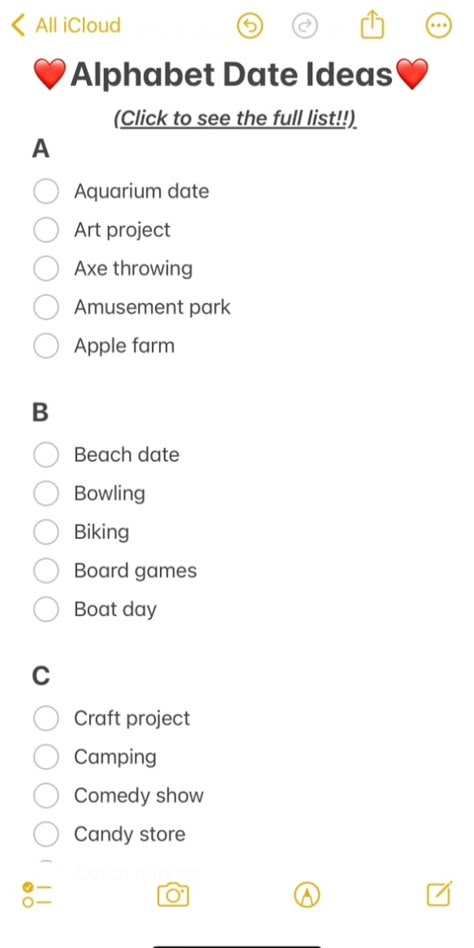 These A-Z Date Ideas are great To Add To Your Alphabet Dating List. Try these alphabet dates with your boyfriend or girlfriend, and check each one off per week. Get creative with this date night ideas list for romantic and fun adventures together. Letter Date Ideas, Abc Bucket List, Date Night List Ideas, Monthly Date Ideas Couple, Alphabet Date Ideas A-z, Alphabet Date Night Ideas, A Z Dates, A-z Date Night Ideas, Date Idea List