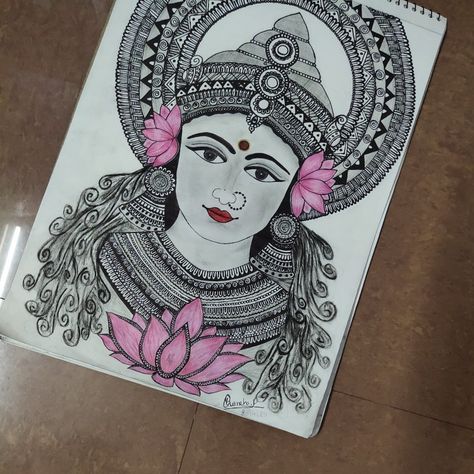 This is a doodle art of god Lakshmi Lakshmi Drawing Art, Indian Mandala Art, God Lakshmi, Doodle Faces, Art Of God, Pen Work, Dancers Art, Art Sketches Doodles, Indian Mandala