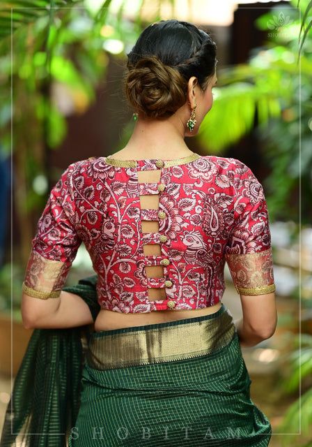 Shobitam Sarees | Buy Indian Ethnic Fashion Sarees Online Kalamkari Blouse Designs, Kalamkari Digital Print, Kalamkari Prints, Raw Silk Blouse, Kalamkari Blouse, Short Sleeved Blouse, New Saree Blouse Designs, Kalamkari Saree, Blouse Hand Designs