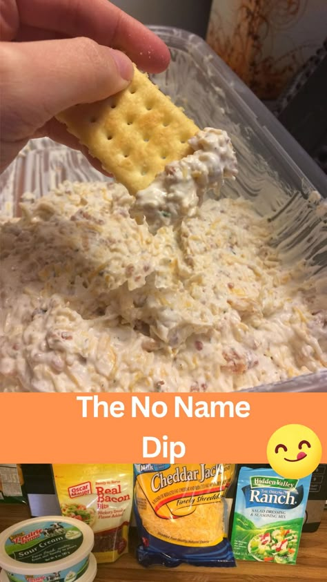 Discover the ultimate crowd-pleaser with our No Name Dip recipe! Made with sour cream, real bacon bits, shredded cheese, and a dry ranch packet, this easy-to-make dip is perfect for any occasion. Whether you're hosting a party or simply looking for a delicious snack, this flavorful dip is sure to impress. Whip up a batch today and watch it disappear in no time! Party Food Dips Crowd Pleasers, Bbq Chip Dip, Dips Without Mayonnaise, Chips And Dip Recipes Parties, Cheap Chip Dip, Meat Dips Recipes, Dip For Club Crackers, Diy Dips Recipes, Loaded Ranch Dip