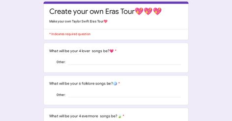 Create your own Eras Tour💖💖💖 Eras Tour Checklist, Eras Tour Setlist, Swift Tour, Ticket Template, Taylor Swift Eras Tour, Taylor Swift Eras, Google Forms, Eras Tour, Make Your Own