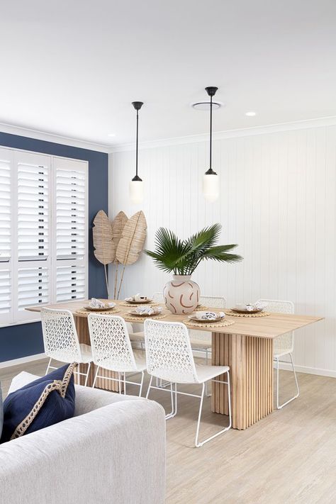 Dining - Liana 27 - Brighton Homes Vj Panelling, Dining Room Feature Wall, Blue And White Dining Room, Brighton Homes, Blue Feature Wall, Timber Dining Table, White Shutters, Brighton Houses, Coastal Dining Room