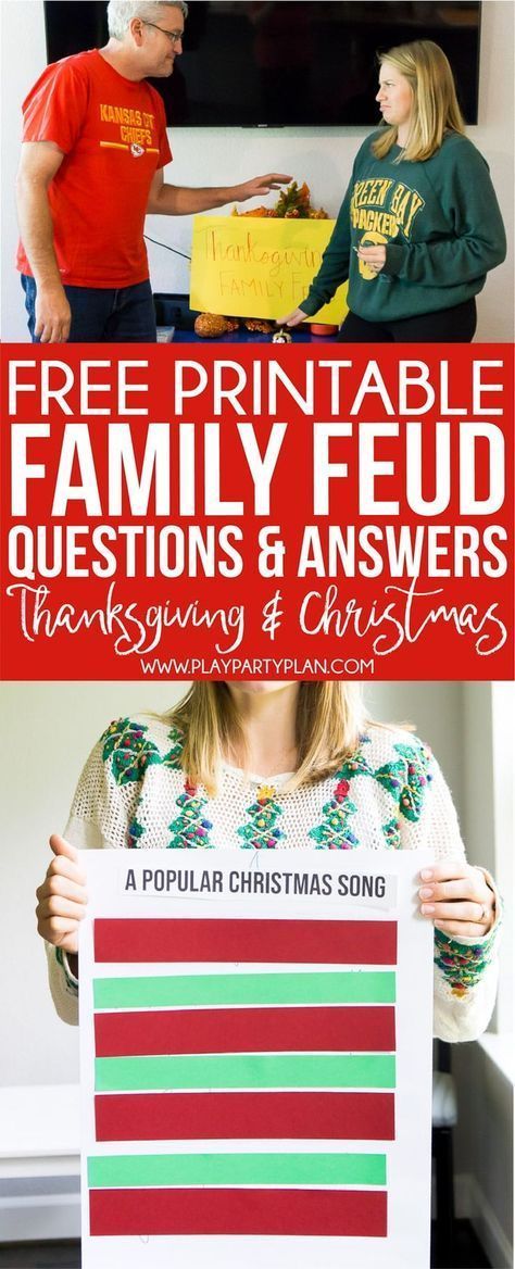 Want to play Family Feud at home? Get these free printable game questions! Funny questions about Thanksgiving and Christmas that are perfect for a holiday party! And simple instructions to DIY your own homemade family feud board and template at home! Family Feud Game Questions, Christmas Questions, Christmas Family Feud, Funny Christmas Games, Popular Christmas Songs, Game Questions, Christmas Games For Adults, Family Feud Game, Xmas Games