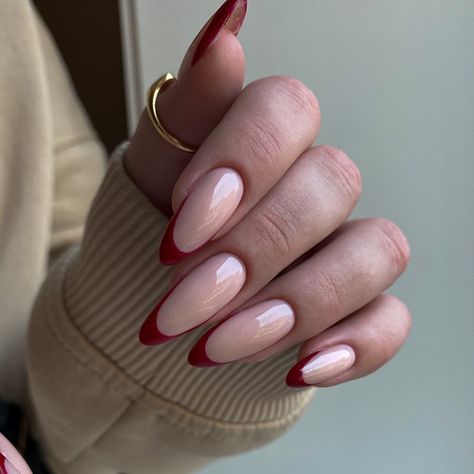 Nails 2024 French, French Nails 2024, Red French Tip Nails Almond, Colored French Manicure, French Red Nails, Burgundy French Tip, Nails Almond French, Nails Red French, Red French Nails