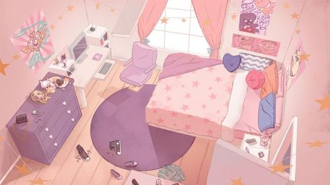 Anime Rooms Drawings, Pink Room Illustration, Anime House Interior Bedroom, Bedroom Art Reference, Cute Room Drawing, Anime Bedroom Drawing, Bedroom Design Drawing, Anime Room Illustration, Animation Bedroom