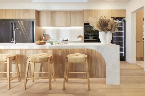 Kinsman Kitchen, The Block 2023, The Block Kitchen, Grey Travertine, Kitchen And Laundry Room, Curved Kitchen, Stone Benchtop, Timber Kitchen, Kitchen Island Bench