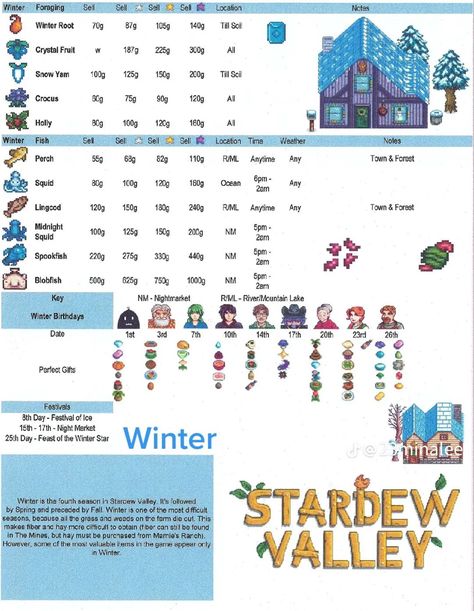 Stardew Valley Winter Tips, Winter Stardew Valley, Stardew Valley Winter, Winter Foraging, Stardew Farms, Fish Birthday, Stardew Valley Layout, Stardew Valley Tips, Stardew Valley Farms