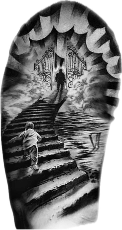 Heaven Sleeve Tattoos For Women, Tattoo Stairs To Heaven, Stair Case Tattoos, Walking To Heaven Tattoo, Heaven Stairs Tattoo, Stairway To Heaven Tattoo Forearm, Stairway Tattoo Design, Stair Way To Heaven Tattoo, Walking Up Stairs Tattoo