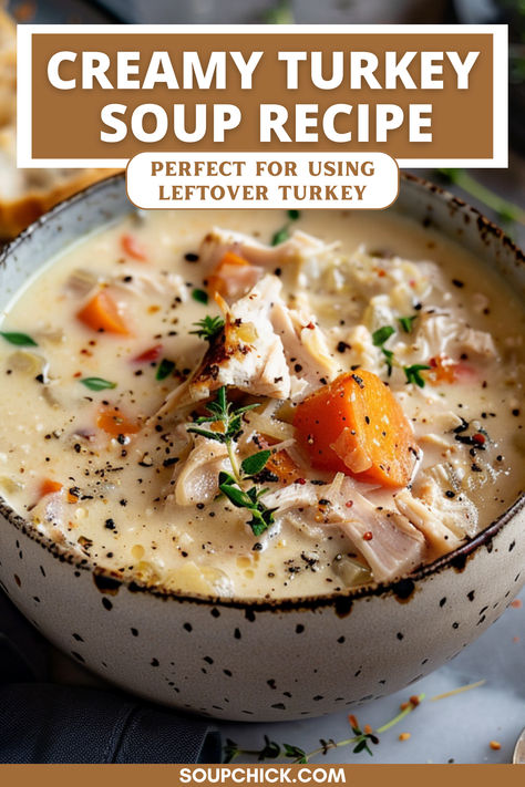 Creamy Turkey Soup Recipe Turkey Bisque Soup, Bariatric Cream Soup Recipes, Turkey Chowder Soup, Creamy Turkey Soup Recipes, Turkey Soup Recipes Crockpot, Cream Of Turkey Soup Recipe, Turkey Soup Recipes Homemade, Crockpot Turkey Soup, Turkey Soup Leftover