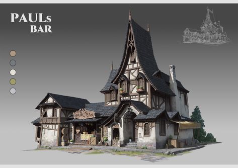 "paul's bar" by Yannnnnnng Italy House Interior, Tavern Exterior, Medieval Cabin, Interior Concept Art, Architectural Concept, House Silhouette, Italy House, Architecture Board, Medieval Houses