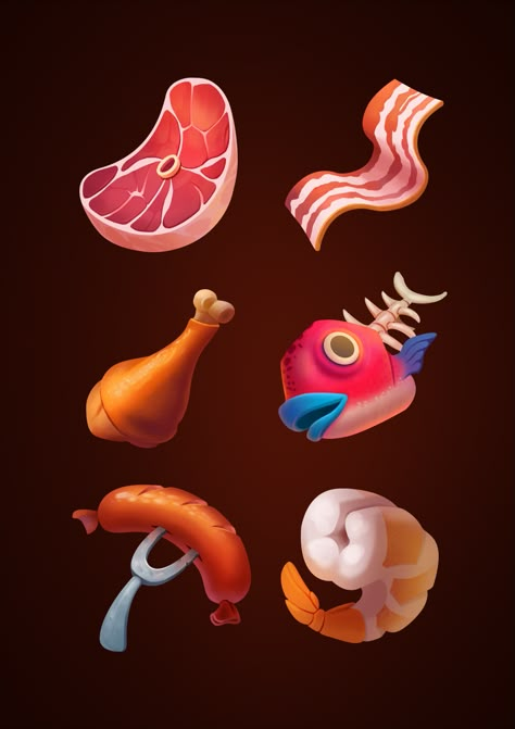 Stylized Game Art, Food Concept Art, Meat Icon, Mobile Game Art, Casual Game Art, Icon Game, Graphics Game, Meat Food, Stylized Art