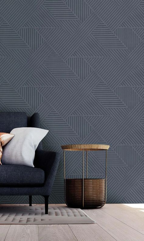 Geometric wallpapers are a very popular choice when it comes to wallpaper. Make a statement in your home with this wood panel design geometric stripe wallpaper that features small wood slats shapes. Use it in a living room, kitchen, or bedroom to create a stunning look in every space. Order a sample to see the quality. Dining Room Wallpaper Accent Wall, Wood Wallpaper Bedroom, Office Feature Wall, Acting Studio, Bedroom Wallpaper Accent Wall, Navy Blue Wallpaper, Navy Blue Walls, Stripe Wallpaper, Stripes Wallpaper