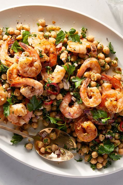 Spicy Shrimp and Chickpea Salad Recipe - NYT Cooking Chickpea And Shrimp Recipe, Shrimp And Chickpeas Recipe, Tomato Bake, Chickpea Salad Recipe, Garlicky Shrimp, Coconut Fish, Picnic Recipes, Citrus Dressing, Chickpea Salad Recipes