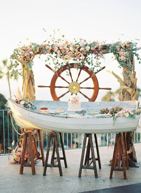 20 Reasons to Have a Nautical Wedding - aka this rustic beachy dessert bar - Inspired By This Canoe Wedding, Nautical Wedding Inspiration, Pirate Wedding, Beach Wedding Decorations Reception, Rustic Wedding Backdrops, Nautical Wedding Theme, Sea Wedding, Ocean Wedding, Nautical Party