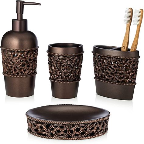 Amazon.com: Essentra Home 4-Piece Bronze Bathroom Accessory Set, Complete Set Includes: Toothbrush Holder, Lotion Dispenser, Tumbler and Soap Dish: Home & Kitchen Bronze Bathroom Accessories, Finish Bathroom, Bathroom Tumbler, Mason Jar Bathroom, Bronze Bathroom, Finished Bathrooms, Bathroom Accessories Sets, Vanity Countertop, Bath Accessories Set