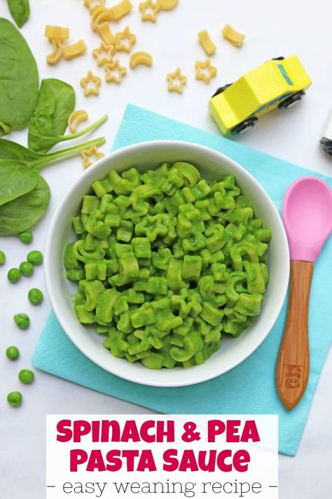 Spinach & Pea Pasta Sauce - A tasty weaning friendly green pasta sauce made with spinach and peas #weaning #weaningrecipe #babyledweaning #pastaforbabies Pea Pasta Sauce, Kids Friendly Meals, Spinach Pasta Sauce, Green Pasta Sauce, Baby Pasta, Pasta Recipes For Kids, Pea Pasta, Easy Pasta Sauce, Green Pasta