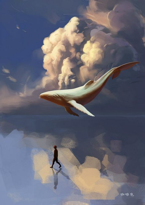 Painting of a white humpback whale floating between the sea and a bank of clouds. Surreal. Whale Art, Art Et Illustration, Wow Art, Humpback Whale, Arte Fantasy, 판타지 아트, Fantasy Landscape, Surreal Art, Animation Art