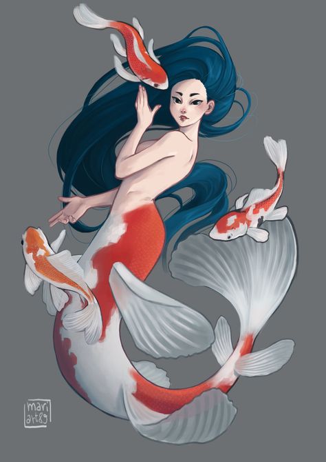 Marica Maringolo - Koi Mermaid Koi Mermaid, Mermaid Pose, Mermaid Stories, Pirate Art, Mermaid Drawings, Mermaid Tattoo, Fantasy Concept Art, Mermaid Art, Drawing Challenge