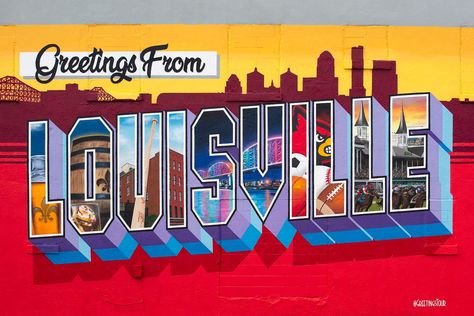 The official Greetings from Louisville Mural in Kentucky.  This postcard mural is part of a nationwide series by Greetings Tour.  This is one of the top destinations in Louisville that can be found across the street from Churchill Downs. Hand Painted Welcome Signs, Mural Photoshoot, Building Mural, Painting Lettering, Bridge Drawing, Colorful Murals, Sign Painting, Mural Ideas, My Old Kentucky Home