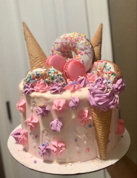 Donut And Ice Cream Birthday Cake, Ice Cream Donut Cake, Half Birthday Cakes Girl, Birthday Cake Donut, Sweet Birthday Cake, Half Birthday Cakes, Donut Ice Cream, Ice Cream Birthday Cake, Cake Donut