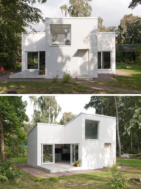 11 Small Modern House Designs // The bright white color of this small summer house makes it stand out against the greenery of the surrounding area and gives it a contemporary look. Small Contemporary House, Small Summer House, Low Budget House, Small Modern House Plans, Modern Small House Design, Small Modern Home, House Design Pictures, Modern Tiny House, Design Exterior