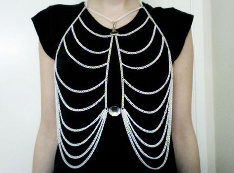 Ribcage white body chain by crumpetclothing on Etsy https://www.etsy.com/listing/96372952/ribcage-white-body-chain Skeleton Body, Conceptual Fashion, Red Sunglasses, Cool Fashion, Dress Aesthetic, Diy Body, Beaded Accessories, Barbie World, Rib Cage