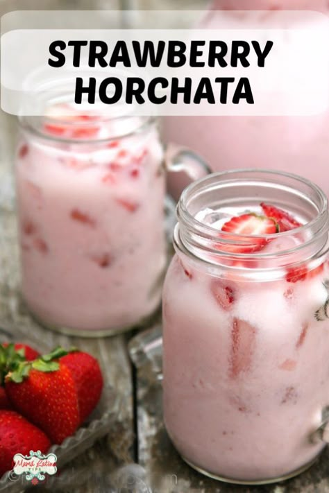 Strawberry Horchata combines fragrant strawberries with the rich goodness of classic horchata. NO RICE SOAKING required, ready in minutes. Learn how to make this Mexican agua fresca with our step-by-step recipe & video. This horchifresa is a delicious and refreshing drink ideal for your parties and celebrations. Amazing for Summer gatherings. / how to make horchata / Strawberry Horchata easy recipe / How To Make Horchata, Aqua Fresca Recipes, Strawberry Horchata, Mexican Drink Recipes, Horchata Recipe, Agua Fresca Recipe, Mexican Snacks, Strawberry Drinks, Mexican Drinks