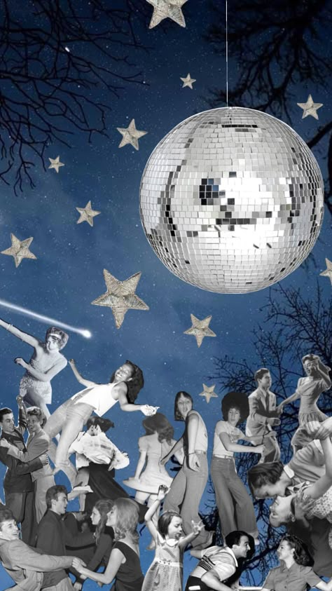 Moon Disco Ball, Disco Ball Background Aesthetic, Disco Ball Collage, Disco Ball Collage Art, Disco Event Poster, Disco Ball Illustration Graphic Design, Dance Collage, Disco Ball Reflection, 90s Dance