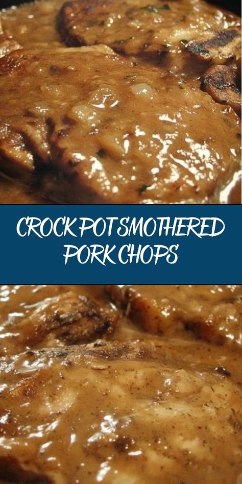 These Crock Pot Smothered Pork Chops are tender, juicy, and cooked to perfection in a rich, creamy gravy. It's an easy, comforting dish that's perfect for busy weeknights or family dinners. Crock Pot Smothered Pork Chops Easy, Smother Pork Chops Crock Pot, Pork Chop Dinner Ideas Crock Pots, Pork Cutlet Crockpot Recipes, Boneless Pork Loin Center Chops Recipes, Pork Chop In The Crock Pot, Low Carb Crock Pot Recipes Pork Chops, Easy Pork Recipes 4 Ingredients, Pork Chop Casserole Recipes Potatoes