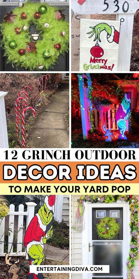 12 Grinch Outdoor Decor Ideas To Make Your Yard Pop | Christmas Decor Ideas Pallet Grinch Christmas Tree, Grinch Outdoor Christmas Decorations Ideas, Grinch Porch Ideas, Diy Grinch Outdoor Decorations, Grinch Christmas Outdoor, Grinch Inspired Christmas Decor, Grinches Lair, Outdoor Christmas Theme Ideas, Grinch Outdoor Decor