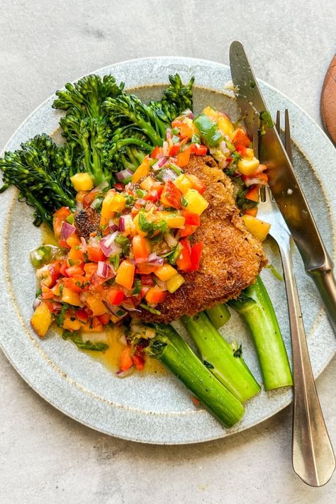 Coconut Crusted Cod with Peach and Persimmon Salsa - Paleo, Whole30 Persimmon Salsa, Crusted Cod, Homemade Salsa Verde, Easy Fish Tacos, Sliced Avocado, Quick Pickled Onions, Mustard Salmon, Pork Salad, Slow Cooked Meat