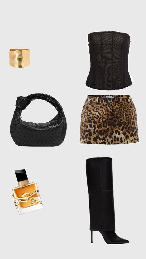 Steve Madden Heels, Bottega Black Bag, Leopard Short Skirt, Black Corset, Yves Saint Laurent Perfume, Chunky Gold Bracelet Yves Saint Laurent Perfume, Chunky Gold Bracelet, Saint Laurent Perfume, Leopard Shorts, Going Out Outfit, Leopard Skirt, Steve Madden Heels, Skirt Short, Black Corset