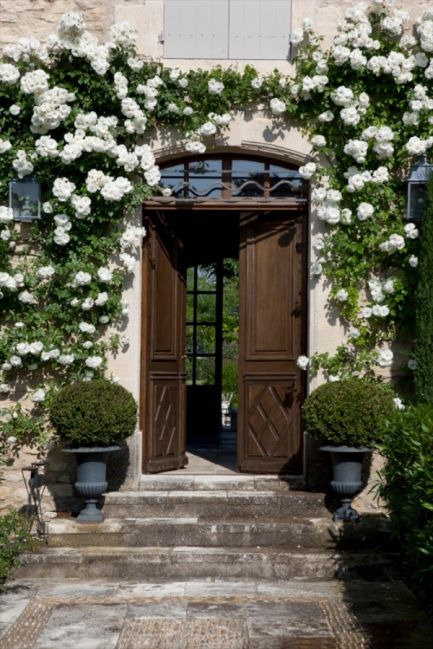 White Front Door Decor, Provence Photography, Covered Entryway, Carla Coulson, Entryway Design Ideas, Beautiful Entrance, Rambling Rose, Century Farmhouse, Entryway Design