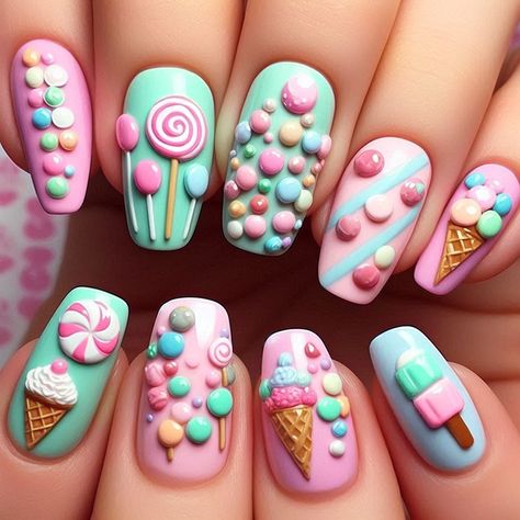 #nails  #candy  #new #stylish  #viva Gummy Nail Art, Candy Land Nails Designs, Candy Nails Designs 3d, Dessert Nails Designs, Willy Wonka Nails, Candy Theme Nails, Candy Themed Nails, Candy Land Nails, Candyland Nails