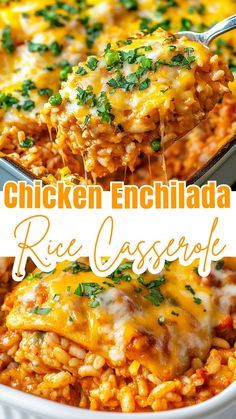 Make dinner easy with this Chicken Enchilada Rice Casserole! This tasty recipe combines tender chicken, flavorful enchilada sauce, and fluffy rice, all baked to perfection. Perfect for a family meal or potluck, it’s a one-dish wonder that everyone will love. Quick, delicious, and full of cheesy goodness! Casserole Recipes Enchilada, Easy Mexican Dishes For Potluck, Cheesy Fiesta Chicken And Rice, Mexican Casserole Freezer Meal, Recipes With Mexican Rice, Easy Dinner Bake Recipes, Bbq Chicken Rice Casserole, Quick And Easy Dinner Recipes Healthy Gluten Free, Chicken Enchiladas Rice Casserole