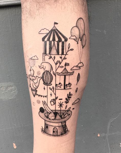 Carnival Tattoo Ideas, Storytelling Tattoo, Circus Tent Tattoo, Poetic Tattoos, Circus Tattoos, Carnival Tattoo, Carousel Tattoo, Circus Tattoo, Neon Tattoo