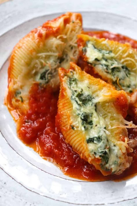 Giant Cheese Stuffed Shells with Spinach - Season & Thyme Giant Cheese Stuffed Shells, Stuffed Jumbo Shells Recipe Spinach Ricotta, Turkey And Spinach Stuffed Shells, Ricotta Pasta Shells, Ricotta Filling For Stuffed Shells, Stuffed Pasta Shells Ricotta Spinach, Giant Shells Recipes, Stuffed Giant Shells, Stuffed Shells With Spinach And Ricotta