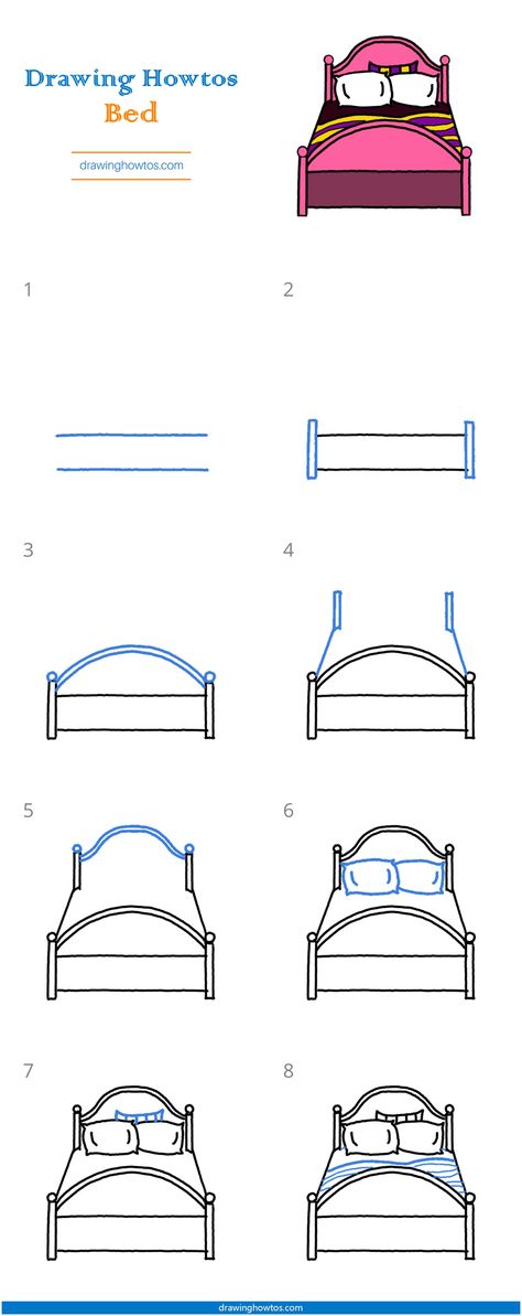 How to Draw a Bed - Step by Step Easy Drawing Guides - Drawing Howtos Bedroom Cartoon Drawing, How To Draw A Bed Step By Step, Bed Art Drawing, How To Draw A Bedroom, How To Draw A Pillow, Bed Cartoon Drawing, How To Draw A Bed, Bed Drawing Sketches, Bed Drawing Easy