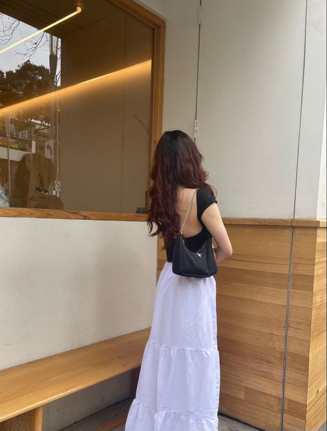 cafe date aesthetic long skirt outfit fashion matcha prada bag pretty long hair cute backless top ootd inspo pose inspired Rich Tita Outfit Casual, Outfits In Korea Summer, Cute Summer Outfits Korean Style, Summer Outfit Asian, Rich Tita Outfit, Korean Summer Fits, Rich Tita Outfits Ideas, Korea Outfit Summer, Outing Outfit Ideas