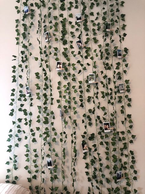 Vines with polaroid pictures on them! Vines With Pictures Bedroom, Polaroid Wall With Vines, Vines Above Bed Aesthetic, Hanging Vines And Flowers Bedroom, Room Ideas Aesthetic Tapestry And Vines, Vine Wall, Photo Wall Collage, Aesthetic Room, Clothes Pins