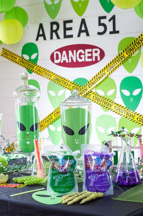 Halloween Alien Party with Goblies Aliens Theme Party, Area 51 Party Ideas, Alien First Birthday Party, Xfiles Theme Party, Area 51 Birthday Party Ideas, 51 Birthday Party Ideas, Alien Invasion Party, Alien Party Games, Alien Birthday Party Ideas