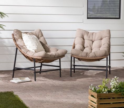 Beige Rattan And Wicker 2 Chair Set With Cream Cushion Small Patio Set, Friends Reading, Comfortable Patio Furniture, Furniture 2023, Porch Chairs, Deck Size, Homeward Bound, Apartment Patio, Outdoor Patio Chairs